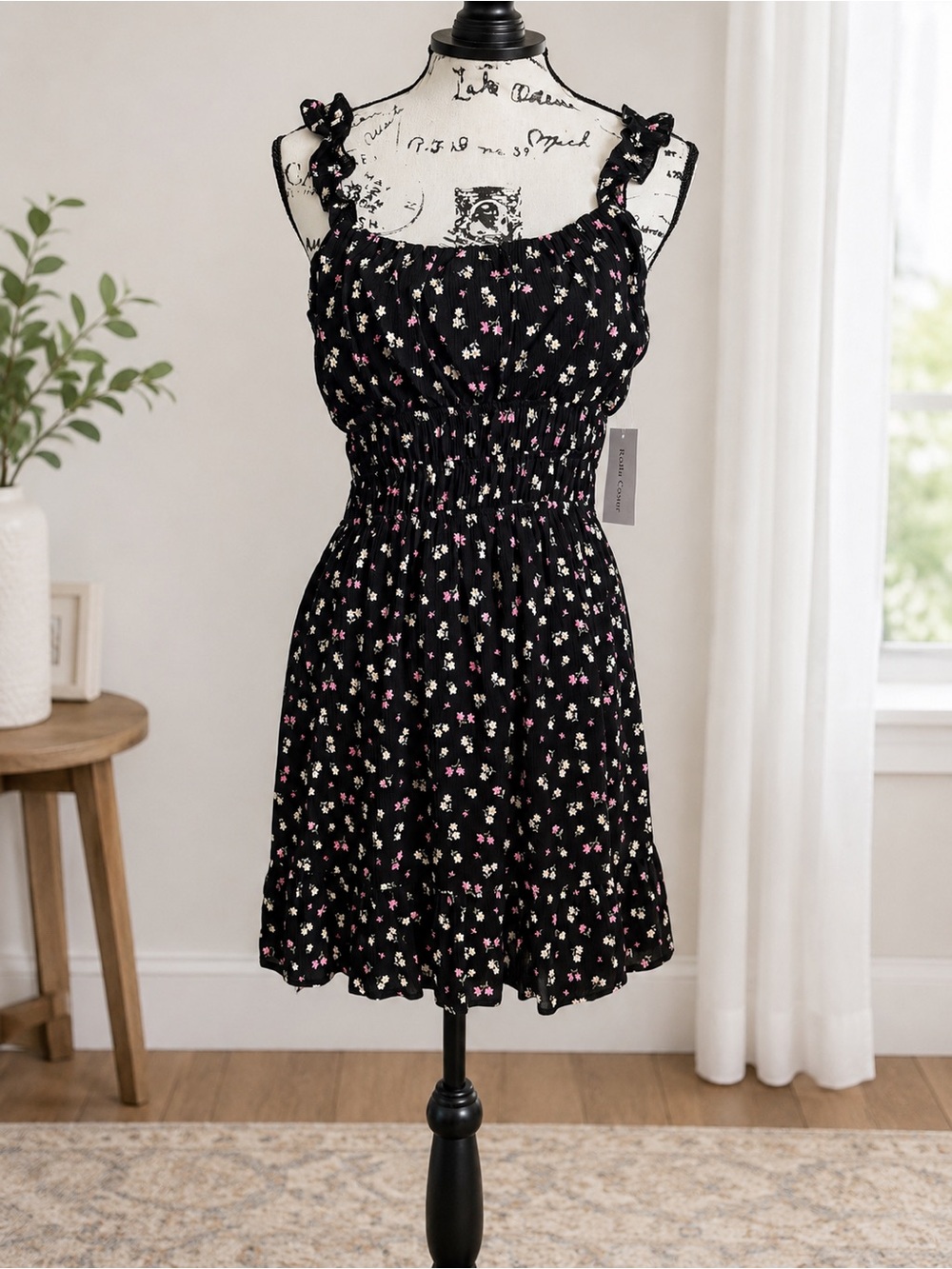 Rolla Coster Black Floral Smocked Waist Mini Dress Ruffle Tie Straps